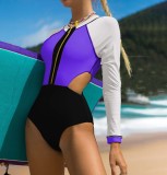 Women Long Sleeve Colorblock Cut Out Waist Zipper Deep V One Piece Swimsuit