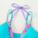 Women Two Pieces Rib Binding Trim Halter Tie Dye Bikini Swimsuit