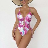 Women Sling Cut Out Side Lace Up Push Up Deep V Tie Dye One Piece Swimsuit