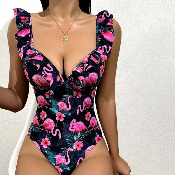 Women Ruffle Strap Push Up Flamingos Palm Leaves Prints One Piece Swimsuit