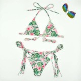 Women Two Pieces Halter Criss Cross Tassle Padded String Thong High Cut Flower Prints Bikini Swimsuit