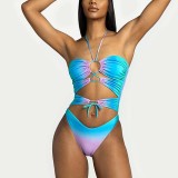 Women Helter Cut Out Drawstring Gradient Color One Piece Swimsuit