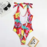 Women U Neck Sling Tie Shoulder Watermelon Coconut Tree Prints One Piece Swimsuit