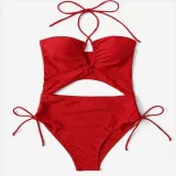 Women Halter Cut Out Side Drawstring High Waist One Piece Swimsuit