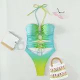 Women Helter Cut Out Drawstring Gradient Color One Piece Swimsuit