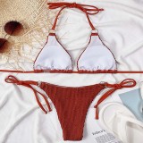 Women Two Pieces Ring Linked Halter Triangle Tie Side Bikini Swimsuit