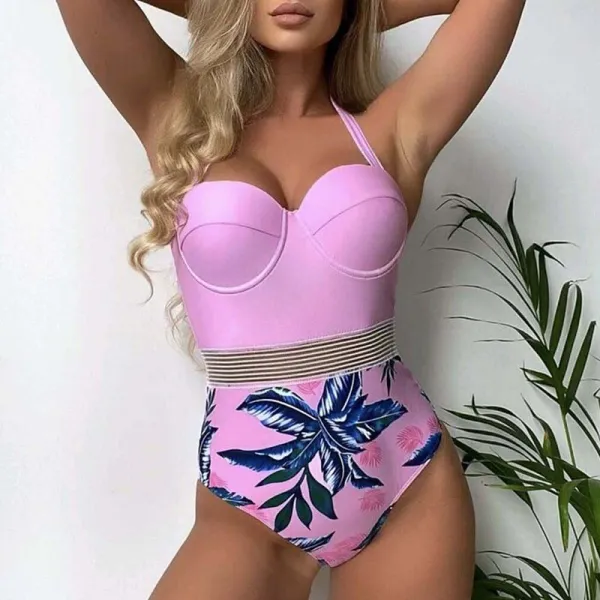 Women Halter Push Up Cut Mesh High Waist Palm Leaves Prints One Piece Swimsuit