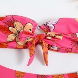 Women Two Pieces Bandeau Ring Linked Plunging Flower Prints High Cut Bikini Swimsuit