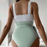 Women Stripe Wide Strap Tank High Waist Belt Tummy Control Multiway One Piece Swimsuit