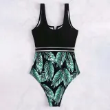 Women Wide Strap V Neck Tank High Waist Palm Leaves Prints One Piece Swimsuit