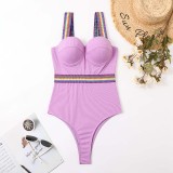 Women Color Wide Strap Push Up Brassiere High Waist One Piece Swimsuit