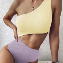 Women One Shoulder Bandeau Cut Out High Waist Color Block One Piece Swimsuit