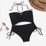 Women Halter Cut Out Side Drawstring High Waist One Piece Swimsuit