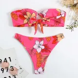 Women Two Pieces Bandeau Ring Linked Plunging Flower Prints High Cut Bikini Swimsuit