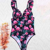 Women Ruffle Strap Push Up Flamingos Palm Leaves Prints One Piece Swimsuit