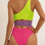 Women One Shoulder Cut Out Color Block Bandeau One Piece Swimsuit