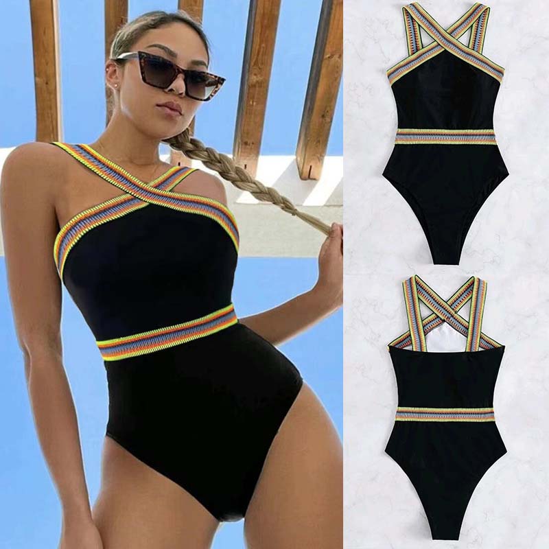 Women Convertible Color Wide Strap High Waist One Piece Swimsuit
