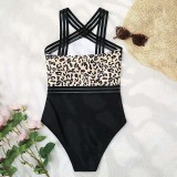 Women Convertible Wide Strap Leopard Print High Waist One Piece Swimsuit