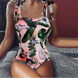 Women Tie Shoulder Tank Tropical Palm Leaves Flower Prints One Piece Swimsuit