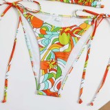 Women Two Pieces Brassiere Halter Side Tie High Cut Flower Prints Bikini Swimsuit