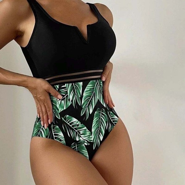 Women Wide Strap V Neck Tank High Waist Palm Leaves Prints One Piece Swimsuit