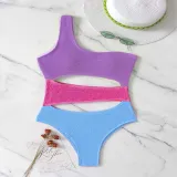 Women One Shoulder Cut Out Color Block Bandeau One Piece Swimsuit