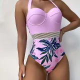 Women Halter Push Up Cut Mesh High Waist Palm Leaves Prints One Piece Swimsuit