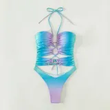 Women Helter Cut Out Drawstring Gradient Color One Piece Swimsuit