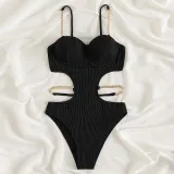 Women Sling Chain Link Push Ups Cut Out Waist One Piece Swimsuit
