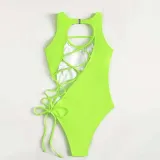 Women Halter Back Lace Up Cut Out One Piece Swimsuit