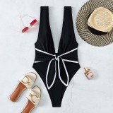 Women Knot Front Plunging Deep V Wide Strap Backless One Piece Swimsuit
