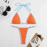 Women Two Pieces Halter Brassiere Chain Linked High Cut Bikini Swimsuit