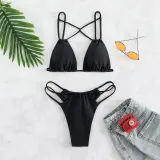 Women Two Pieces Criss Cross Padded String Thong High Cut Bikini Swimsuit