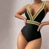 Women Block Color Wide Strap Deep V Backless High Waist One Piece Swimsuit