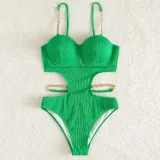 Women Sling Chain Link Push Ups Cut Out Waist One Piece Swimsuit