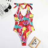 Women U Neck Sling Tie Shoulder Watermelon Coconut Tree Prints One Piece Swimsuit