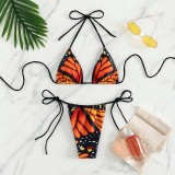 Women Two Pieces Halter Brassiere Side Tie High Cut Butterfly Prints Bikini Swimsuit