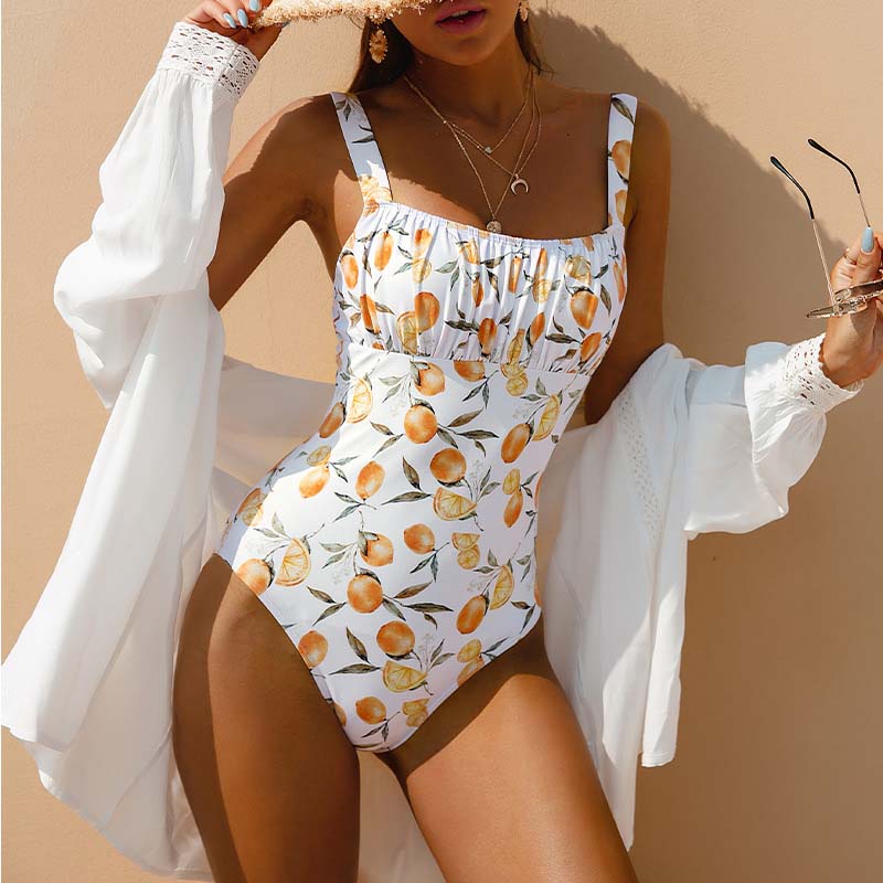 Women Orange Prints Sling Tummy Control Multiway One Piece Swimsuit