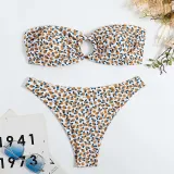 Women Two Pieces Bandeau Ring Linked Plunging Flower Prints High Cut Bikini Swimsuit