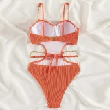 Women Sling Chain Link Push Ups Cut Out Waist One Piece Swimsuit