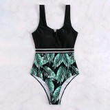 Women Wide Strap V Neck Tank High Waist Palm Leaves Prints One Piece Swimsuit