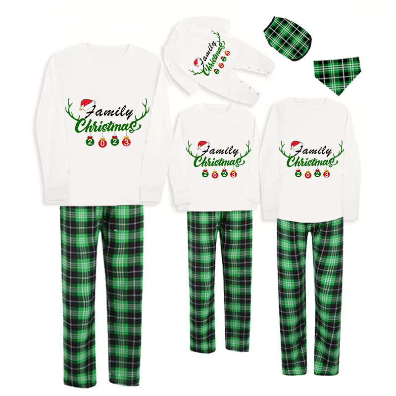 Christmas Matching Family Pajamas Antler Hat Family Christmas 2023 Ornaments Green Plaids Pajamas Set