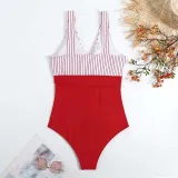 Women Stripe Wide Strap Tank High Waist Belt Tummy Control Multiway One Piece Swimsuit