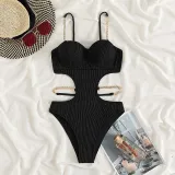 Women Sling Chain Link Push Ups Cut Out Waist One Piece Swimsuit