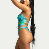 Women Helter Cut Out Drawstring Gradient Color One Piece Swimsuit
