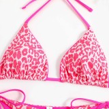 Women Two Pieces Halter Leopard Brassiere Side Tie Print High Cut Bikini Swimsuit