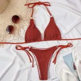Women Two Pieces Ring Linked Halter Triangle Tie Side Bikini Swimsuit