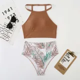 Women Two Pieces Halter Tankini Top Palm Leaves Tropical High Waist Bikini Swimsuit