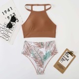 Women Two Pieces Halter Tankini Top Palm Leaves Tropical High Waist Bikini Swimsuit