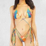 Women Two Pieces Halter Criss Cross Tassle Padded String Thong High Cut Bikini Swimsuit